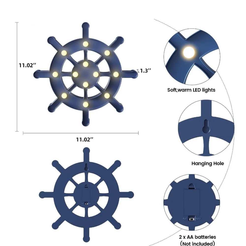Blue Ship Wheel Light up Wall Decor, Beach Themed Kids Room Decor
